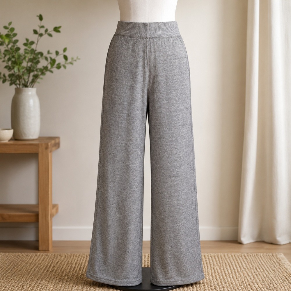 Unbranded Wide Leg Knit Lounge Pants Medium Grey Marled Elastic‎ Waist